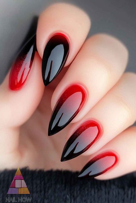 Simple Nail Designs Ombre, Red And Black Spooky Nails, Ombre Halloween Nail Designs, Easy Spooky Nail Art, Halloween Elegant Nails, Fall Nail Designs Ombre, Red Black Halloween Nails, Halloween Vampire Nails, Simple Nails Ombre