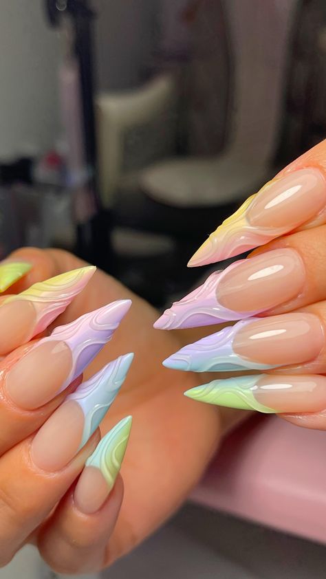 Stiletto Spring Nails Designs, April Nails Stilleto, Spring Nails Long Almond, Spring Nails Stiletto Pastel, Long Nail Designs Spring, 3d Stiletto Nails, Gel X Nail Art Designs, Spring Nails 2024 Trends Stiletto, Acrylic Stiletto Nails Design