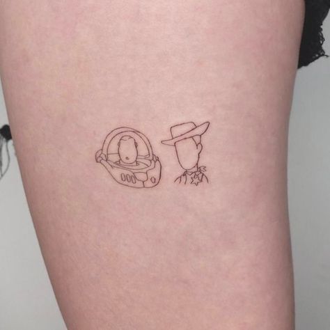 Graphic Design Tattoo Ideas, Patchwork Tattoo Ideas Disney, Minimal Disney Tattoo Ideas, Toy Story Small Tattoo, Disney Movies Tattoo Ideas, Buzz And Woody Tattoo, Tatuagem Toy Story, Crossword Tattoo, Toy Story Minimalist Tattoo