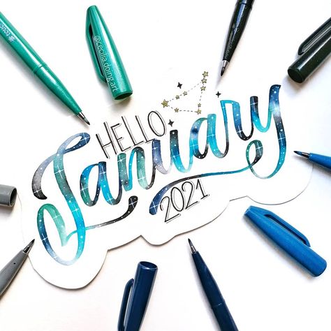 Cecilia | Lettering on Instagram: “✨ HELLO JANUARY ✨ 🇺🇸 This year's theme for my bullet journal will be "blue galaxies" and it inspired this January post as well! Do you know…” January Calligraphy, January Ideas, Hello January, Journal Lettering, Faux Calligraphy, Journal Diy, Lettering Ideas, Bullet Journal Diy, Hand Lettering Tutorial