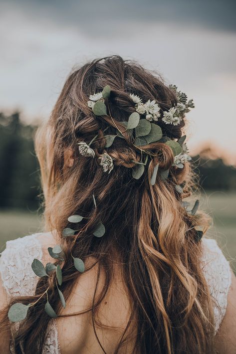 Boho Bridal Hair #longhair #bohohair #flowers #halfupdo Greenery In Hair Wedding, Wedding Hair Flowers Down, Boho Wedding Hair Short Curly, Boho Hair Flowers, Boho Hairstyles With Flowers, Wedding Hair Greenery, Forest Wedding Hairstyles Long Hair, Half Up Wedding Hair Flowers, Woodsy Wedding Hairstyles