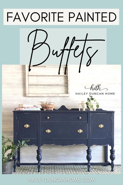 Vintage buffet painted navy blue with gold hardware. Entryway Ideas With Buffet, Painting Antique Buffet, Buffet Cabinet Vintage, Chalk Painted Antique Buffet, Redoing Buffet Furniture, Painted Buffet Ideas Farmhouse, Painted Vintage Buffets And Sideboards, Chalk Paint Buffet Ideas, Buffet Redo Ideas