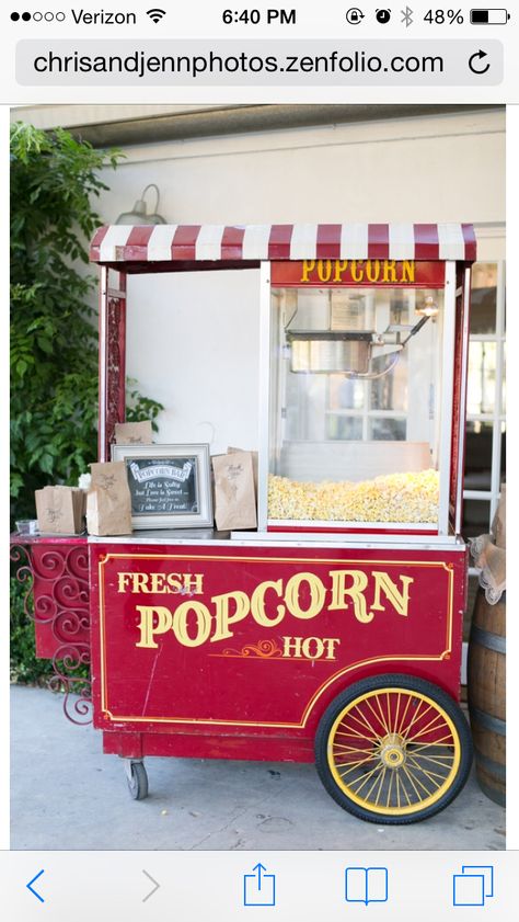 Popcorn Cart Wedding, Popcorn Cart Ideas, Popcorn Food Truck, Popcorn Machine Wedding, Popcorn Stand Ideas, Popcorn Station, Party Rental Ideas, Vendor Cart, Popcorn Stand