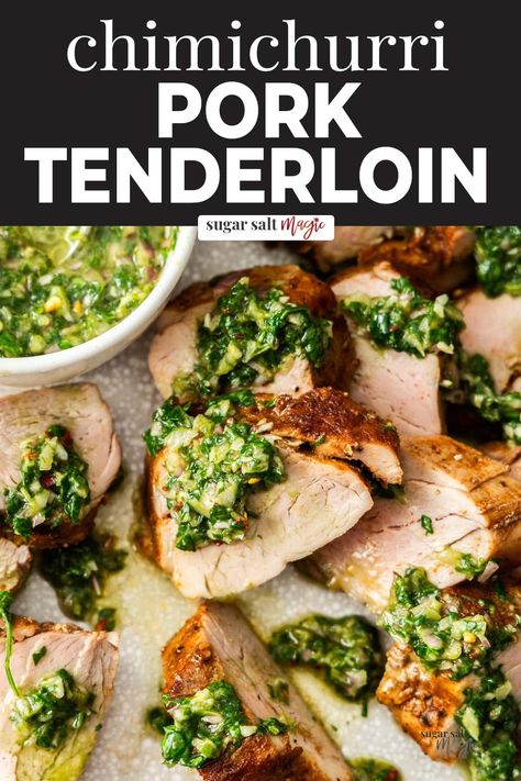 This chimichurri pork tenderloin is succulent juicy baked pork with a tangy, herby sauce and it's ready in 30 minutes! So quick, so delicious. Pork Loin With Chimichurri Sauce, Pork With Chimichurri Sauce, Pork Tenderloin Piccata, Pork Tenderloin Dinner Recipes, Pork Chimichurri, Pork Recipes Healthy, Pork Tenderloin Recipes In Crockpot, Herbed Pork Tenderloin, Chimichurri Pork