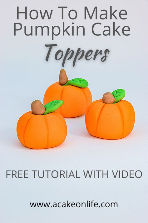 Learn how to make these cute pumpkin cake decorations! Perfect for Fall or Halloween themed cakes. Click the link for my free video tutorial! Fondant pumpkin | Pumpkin cake decotation | Gum paste pumpkin How To Make Fondant Pumpkins, Halloween Themed Cakes, Easy Pumpkin Cake, Pumpkin Cake Topper, Pumpkin Cake Easy, Bride Cake Topper, Pumpkin Topper, Cake Topper Tutorial, Rolling Fondant