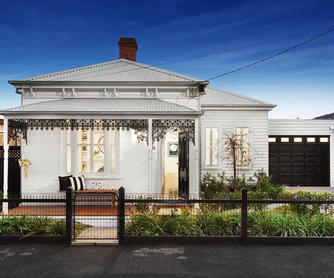 Bursting with charm, this cottage in Melbourne’s Yarraville is a hot-favourite on *Homes To Love* and currently up for sale. We asked homeowner Rachel Rankin for her tips on renovating a house to maximise profits. Harkaway Homes, Black Fence, House Colours, Elizabeth Street, Regent Street, House Facade, Cottage Exterior, Victorian Cottage, Retro Ideas