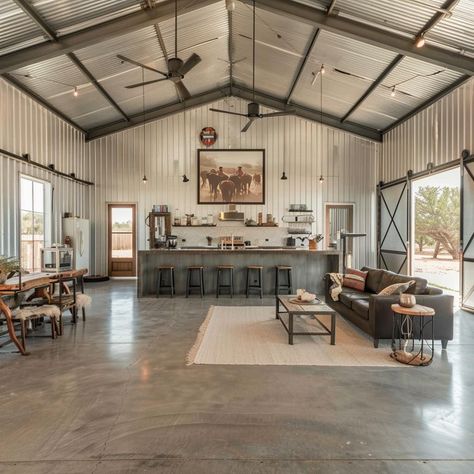 Barndominium Workshop Ideas, Open Plan Barndominium, Pole Barn Family Room, Barndominium Ideas Open Concept, Barndominium Lots Of Windows, Barndominium Detached Garage, Colors Of Barndominiums, Country House Ideas Interior, Barndominium Ideas Cheap