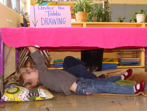 Under the Table Drawing - a favorite from my former classroom. :) #drawing #sensory #kids #art #preschool #classroom Classroom Drawing, Dino Museum, Sensory Projects, Sensory Kids, Table Drawing, Art Preschool, Eyfs Classroom, Preschool Rooms, Artist Study