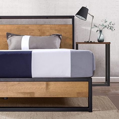 Amazon.com: Zinus Suzanne Metal and Wood Platform Bed with Headboard and Footboard / Box Spring Optional / Wood Slat Support, Queen: Furniture & Decor Bed Frame With Footboard, Metal Wood Bed, Shelf Headboard, Headboard Shelf, Industrial Bed Frame, Room Inspiration Aesthetic, Industrial Bed, Platform Bed Frame With Headboard, Headboard With Shelves