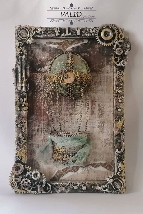 Mixed Media Canvas Painting, 3d Painting On Canvas, Steampunk Mixed Media, Altered Canvas, Steampunk Crafts, Balloon Painting, Mixed Media Art Canvas, Vintage Hot Air Balloon, Paint Brush Art