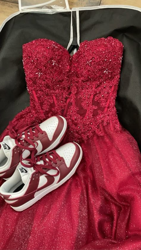 Strapless Red ballgown, very sparkly + low rise, custom Nike Dunks. Red Prom Dress With Sneakers, Grad Dresses Grade 8 Red, Sweet 16 Short Dresses, Surprise Dance Dress, Red Grad Dress, Red Dama Dresses, Grad Dresses Grade 8, Custom Nike Dunks, Red Sparkly Prom Dress