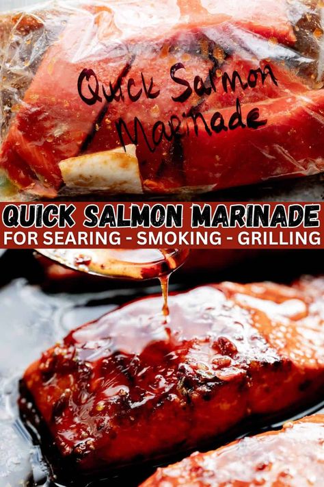 Quick Salmon Marinade for smoking, searing, or grilling salmon pinterest pin with text overlay. Grilled Salmon Marinade Recipes, Smoked Salmon Marinade Recipes, Quick Salmon Marinade, Marinade For Salmon Easy, Smoked Salmon Marinade, Marinades For Salmon, Salmon Marinade Recipes Grilled, Seafood Marinades, Salmon Recipes Grilled