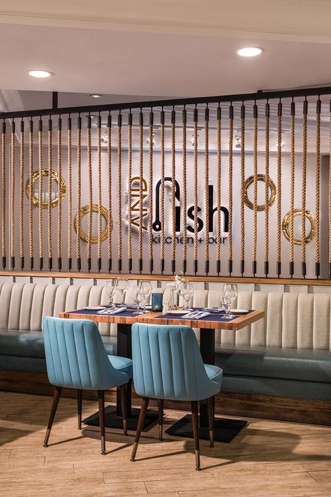 And Fish Restaurant - Pompano Beach Marriott Fish Restaurant Design, Beach Restaurant Design, Fish Net Decor, Ocean Room Decor, Resturant Design, Modern Restaurant Design, Fish Restaurant, 80s Interior, Mediterranean Interior