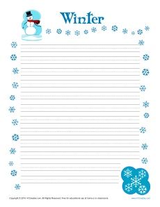 Winter Themed Lined Paper for Kids -  Let your students come up with creative ways to express themselves with a fun writing exercise about winter! www.k12reader.com Lined Paper For Kids, Border Paper Printable, Handwriting Paper Kindergarten, Winter Writing Paper, Christmas Writing Paper, Winter Classroom Activities, Kindergarten Handwriting, Letter Writing Template, Writing Paper Template