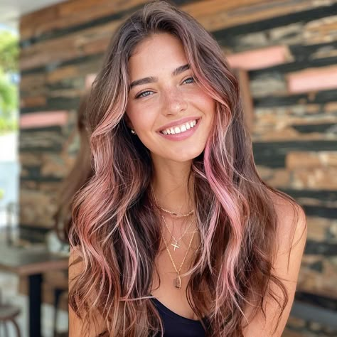 Color Hair Ideas Pink, Pink Hair Dye Highlights, Brunette With Light Pink Highlights, Long Hair Pink Highlights, Rose Gold Streaks In Black Hair, Light Pink Hair On Brunette, Cute Pink Highlights, Brunette Hair With Pink Money Piece, Pink In Brown Hair Highlights