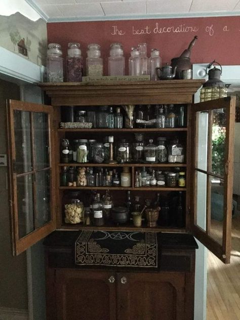 Vintage Witchy Decor, Dark Apothecary Kitchen, Tea Cabinet Display, Witch Cabinets, Witchy Cabinet, Apothecary Cabinet Diy, Witch Cabinet, Witch Cabin, Apothecary Diy