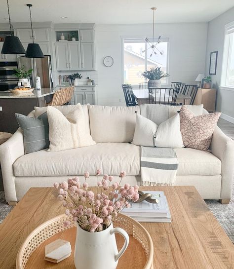 Beige Sectional Couch, Beige Couch Pillows, White Sitting Room, Rustic Wood Coffee Table, Shiplap Living Room, Grey And White Kitchen, Industrial Light Fixture, White Mantle, Farmhouse Shelves Decor