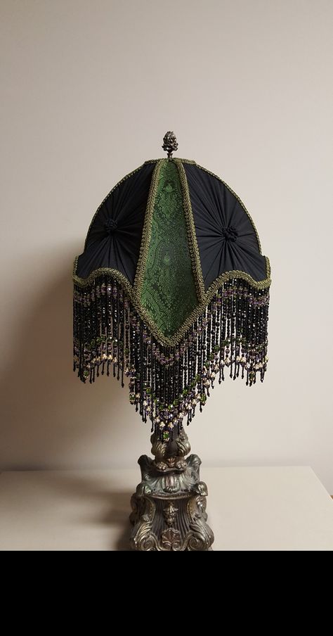 Hand crafted custom order Victorian style lampshade with Indian silk, chiffon pleating and 358 strands of hand strung beaded fringe. Goth Lampshade Diy, Fringe Lampshade Vintage, Whimsigothic Furniture, Victorian Style Lampshade, Vintage Lampshades Diy, Diy Victorian Lampshades, Indian Lampshade, Fringed Lampshade, Victorian Lamp Shades