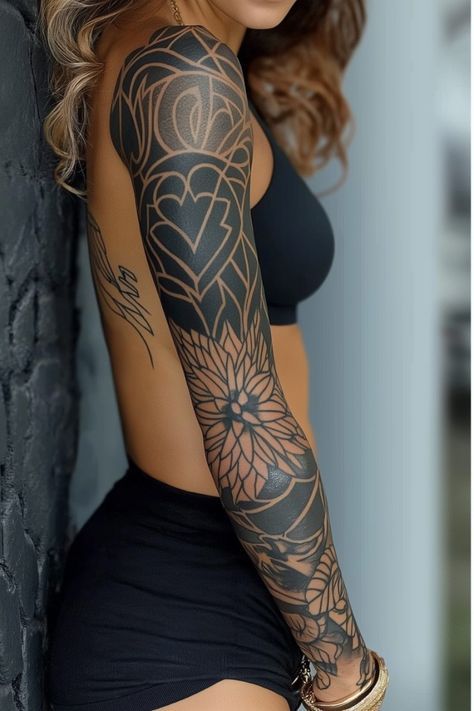 Fashion: #fashion, #style, #outfitinspiration, #beauty Black Linework Tattoo Sleeve, Neotraditional Arm Sleeve, Sleeve Filler Ideas Women Arm Tattoo, Shoulder Arm Tattoo Men, Geometric Blackwork Tattoo, Geometric Sleeve Tattoo Women, Half Sleeve Tattoos For Guys Upper Arm, Leg Sleeves For Females Tattoo, Woodcut Tattoo Sleeve