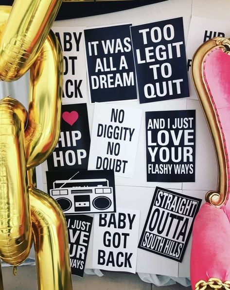 90s Party Signs, 45th Bday Party Ideas, 90's Theme Graduation Party, 90s Hip Hop Bachelorette Party, 80s Rap Party, Hip Hop Bachelorette Party, 90s Theme Bday Party Ideas, 90s Theme 50th Birthday Party, Hip Hop Party Centerpiece Ideas