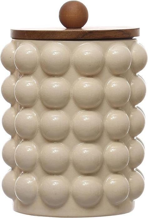 Amazon.com: Creative Co-Op 5.75 Inches Round Stoneware Raised Dots and Acacia Wood Lid, White and Natural Canister : Home & Kitchen White Canisters, Dry Food Storage, Ceramic Canister, Coffee Canister, Kitchen Things, Creative Co Op, Ceramic Set, Kitchen Canisters, Loose Tea