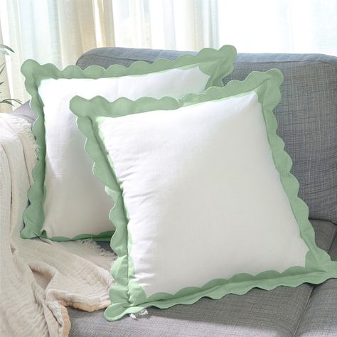 PRICES MAY VARY. 100% Cotton [ STATEMENT PIECE ] - Our scalloped pillow covers or throw pillows for bed have a modern look with vintage patterns. This statement soft accent pillows have a unique boho design that makes a perfect decoration for bedroom, living room, farmhouse, car, outdoor or indoor and almost all spaces. [ UTILITY - Concealed Zipper ] - These white pillow cases set of 2 or white throw pillows in sage green decor have a concealed back zipper which holds the cushion firmly and allo Blue Scalloped Bedding, White Bedding Colorful Pillows, Blue And White Pillow Covers, Coastal Granddaughter Pillows, Cute Pillow Cases, Scallop Pillow, Sage Green Throw Pillows, Blue And White Throw Pillows, Living Room Decorative Pillows