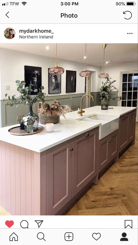 Different Kitchen Cabinets Styles, Kitchen Shelving Decor, Pink Kitchen Island, Pink Kitchen Cabinets, Sulking Room Pink, Shelving Decor, Design My Kitchen, Pink Kitchen Decor, Jade Design