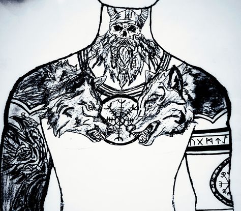 Viking chest tattoo design Wolf Tattoo Ideas For Men Chest, Mens Viking Tattoo Ideas, Viking Chest Tattoo Men Ideas, Viking Tattoos Chest, Viking Tattoo Back Piece, Wolf Tattoos Men Back, Viking Throat Tattoo Men, Norse Chest Tattoo Men, Nordic Chest Tattoo Men