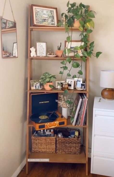 Apartment Decor Bookshelf, Bookcase In Apartment, Mcm Plant Shelf, Ladder Shelf With Plants, Bedroom Ladder Shelf Decor, Bedside Bookshelf Ideas, Midcentury Bookshelf Styling, Book Case Ideas Living Room Apartment, Ladder Bookshelf Bedroom