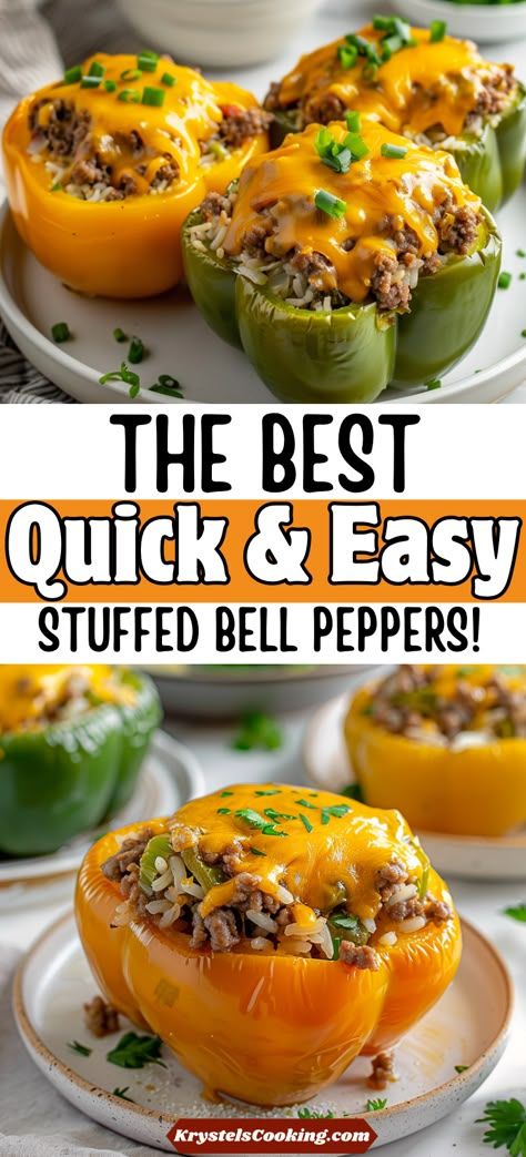 Looking for a simple and nutritious fall dinner idea? Try our Easy Stuffed Bell Peppers! Filled with savory ground beef and baked to perfection, it’s a healthy option the whole family will love. Quick Stuffed Bell Peppers Easy Recipes, Stuffed Bell Pepper Crockpot Recipes, Stuffed Bell Peppers Ground Beef And Rice Recipes, Easy Healthy Stuffed Bell Peppers, Spicy Stuffed Bell Peppers, Stuffed Bell Peppers For 2, Baked Stuffed Bell Peppers, Simple Stuffed Bell Peppers, Dinner Recipe With Hamburger Meat