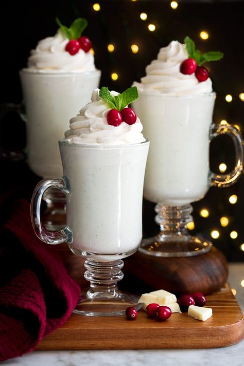 White Hot Chocolate Homemade White Hot Chocolate, Cooking Classy Recipes, Classy Recipes, Vanilla Bean Cheesecake, Chocolate Recipes Homemade, Sweetened Whipped Cream, White Hot Chocolate, Christmas Hot Chocolate, Vanilla Flavor