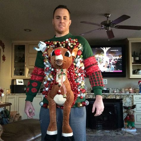 Ugly Sweater Outfits, Ugly Christmas Outfit, Ugliest Christmas Sweater Ever, Ugly Christmas Sweater Diy Funny, Ugly Christmas Sweater Outfit, Ugly Christmas Sweater Contest, Diy Christmas Sweater, Christmas Sweater Outfits, Trash To Couture