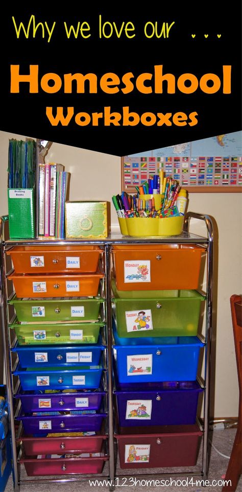 Homeschool Organization! Love these workboxes to keep everything neat, tidy, and ready to use! Homeschool Organization For Small Spaces, Organization For Small Spaces, Workbox System, 123 Homeschool 4 Me, Homeschool Education, Homeschool Classroom, Work Boxes, Homeschool Life, Homeschool Help