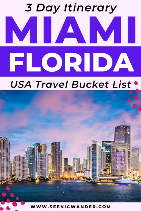 A photo of the Miami Florida skyline with text overlay that reads 3 Day Itinerary Miami Florida USA Travel Bucket List Miami Bucket List, Miami Itinerary, Usa Travel Bucket List, Weekend In Miami, Florida Travel Destinations, Usa Places To Visit, Miami Vacation, Miami Travel, Vacation Itinerary