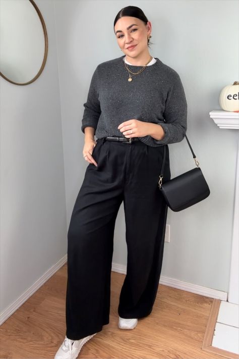 The Harlow Wide-Leg Pant curated on LTK Dark Monochrome Outfit, Midsize Wide Leg Jeans, Wide Leg Pants Outfit Casual Sneakers, Curvy Office Outfit, Midsize Fall Outfits 2024, Black Dress Pants Outfit, Plus Size Wide Leg Pants Outfit, Midsize Work Outfit, Curvy Fall Fashion