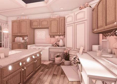 Bloxburg Pink Kitchen Ideas, Bloxburg Kitchen Layout Ideas, Bloxburg Kitchen Ideas Cottage Core, Blush Bloxburg House Interior, Bloxburg House Decor Ideas Kitchen, Bloxburg Pink Kitchen, Bloxburg Kitchen Ideas 4x4, Bloxburg Blush House Layouts 2 Story, Cute Kitchen Ideas Bloxburg