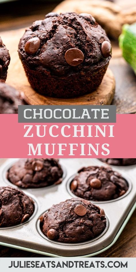 Light, tender muffins loaded with chocolate! These Chocolate Zucchini Muffins are the best way to use up that garden zucchini this summer. The kids love these for breakfast or snack. Plus, with the addition of chocolate chips they are over the top delicious. #zucchini #muffins Double Chocolate Zucchini Muffins, Zucchini Breakfast, Zucchini Recipes Dessert, Zucchini Chocolate Chip Muffins, Zucchini Muffin Recipes, Chocolate Zucchini Muffins, Zucchini Recipe, Healthy Zucchini, Easy Zucchini