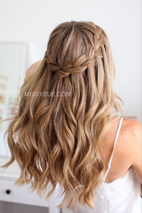 Waterfall braid. Half updo. Half up. Braided hair. Hairstyles. Loose Waterfall Braid, Half Braid With Curls, Blonde Waterfall Braid, Waterfall Bridesmaid Hair, Waterfall Braid Curly Hair Wedding, Fishtail Waterfall Braid, Wedding Hair Down With Curls And Braid, Hairstyles For Brunettes Braids, Curled Waterfall Braid