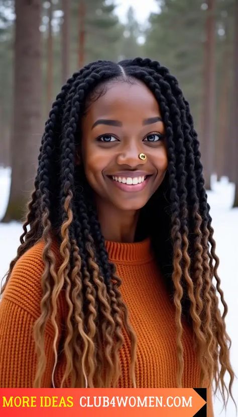 23 Top Winter Hairstyles Ideas 2024-2025: Icy Blonde, Dark Hair, and Bold New Styles Fall Braid Styles For Black Women, Fall Braids Black Women Colors, Braids To Faux Locs, Blonde Dark Hair, Fall Braids Black Women, Short Marley Twists, Winter Hairstyles For Black Women, Fall Braids, Styles For Black Women