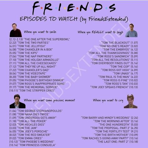 Friends Episodes To Watch When, Friends Episodes To Watch, Funniest Friends Episodes, Friends Best Episodes, Friends Episode, Friends Tv Quotes, Friends Best Moments, Movie Hacks, Friends Episodes