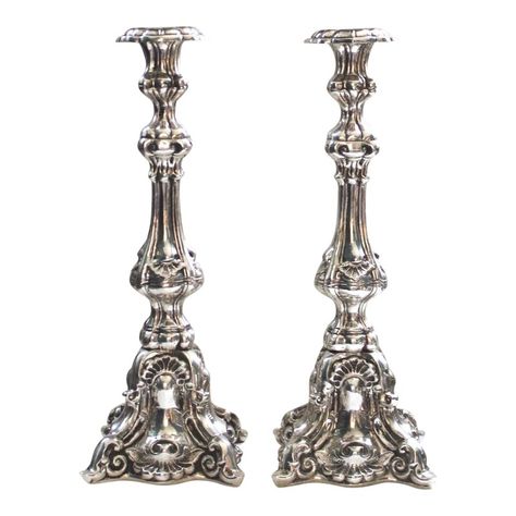 1960s Baroque Silverplate Candlesticks - a Pair Thonet Chair, Brides Basket, Silver Candlesticks, Home Fragrance Accessories, Selling Furniture, Wine Bottle Crafts, Tiffany And Co, Baroque Fashion, Shop Interior Design