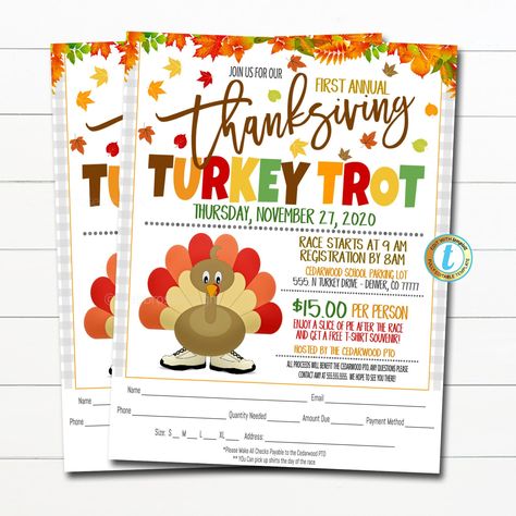 🐣. Offer Xtras! Thanksgiving Turkey Trot Flyer, 5k 10k Run Walk Race, Community Church School Pto Pta, November Fall Fundraiser Event, DIY Editable Template for $13.99 #ThanksgivingRace #5k10kRunWalk #SchoolChurchEvent #FallFestivalEvent #SchoolPtoPta #TurkeyTrotFlyer #ThanksgivingMorning #FunRunFlyer #CommunityBusiness #ThanksgivingRun Jog A Thon, 10k Run, Fundraiser Event, Pta Ideas, School Pto, Running 10k, Holiday Turkey, Turkey Trot, Event Template