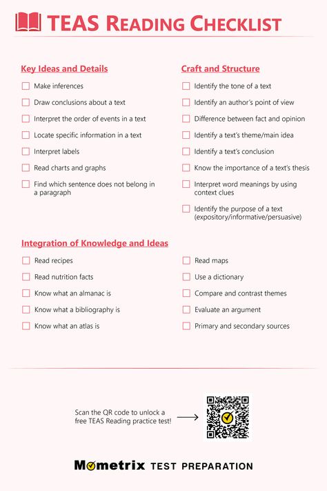 Teas Study Guide, Teas Exam Study Guides Nursing Students, Teas Exam Study Guides, Phlebotomy Student, Exam Checklist, Teas Test Prep, Teas Exam, Reading Checklist, Nursing School Studying Cheat Sheets