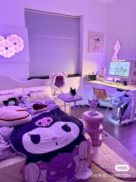 Kuromi Room Decor, Pink Wallpaper Bedroom, Sanrio Bedroom, Kuromi Room, Sanrio Room, Hello Kitty Room Decor, Hello Kitty Bedroom, Dream Bedroom Inspiration, Cool Room Designs