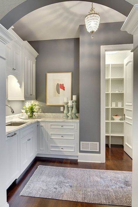 White cabinets & gray walls - Benjamin Moore "Dior Gray" Kitchen Paint Design, Grey Painted Kitchen, Grey Kitchen Walls, White Cupboards, Paint For Kitchen Walls, Grey Kitchen Designs, Cheap Kitchen Cabinets, Gray Walls, Kitchen Wall Colors