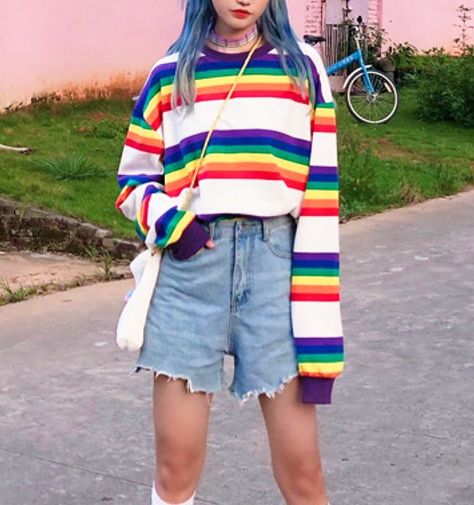 Simple Kidcore Outfits, Rainbow Core Outfit, Tee Over Long Sleeve, Rainbow Outfit Ideas, Rainbowcore Outfit, Black Zip Up Hoodies, Rainbow Clothes, Rainbow Outfit, Style Goals