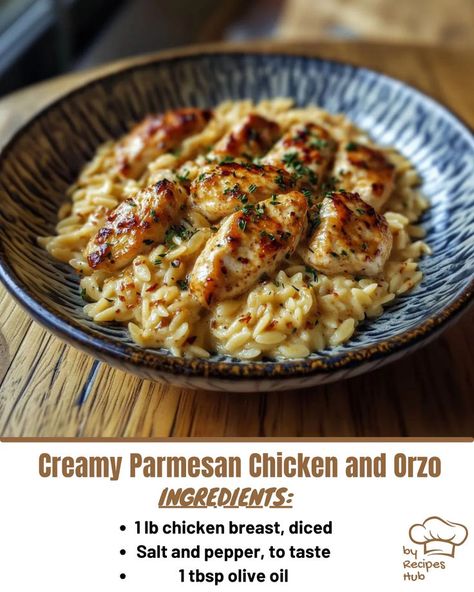 Creamy Parmesan Chicken and Orzo Orzo Recipes With Chicken, Bow Pasta Recipes, Creamy Orzo Recipes, Orzo Dinner Recipes, Chicken Orzo Pasta, Orzo Pasta Recipes, Chicken And Orzo, Creamy Parmesan Chicken, Orzo Recipes