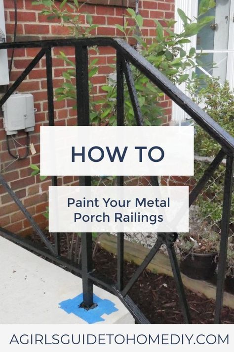 How To Paint Metal Railing Outside, Porch Railing Update Diy, Painting Iron Railing, Porch Redo Ideas, Black House Front Porch, Paint Metal Railing, Wrought Iron Porch Railings, Porch Update, Outdoor Railing