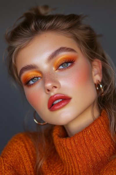 Eye Makeup To Go With Red Dress, Bold Orange Eye Makeup, Pumpkin Spice Eyeshadow Look, Plaid Makeup Look, Subtle Orange Makeup, Colorful Halloween Makeup Looks, Purple Orange Makeup Look, Colourful Smokey Eye, 90s Fall Makeup