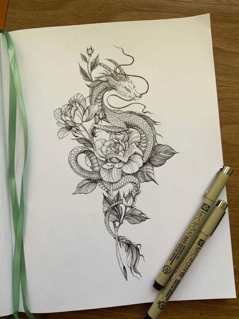 Tattoos On Hip, Dragon Tattoo Hip, Dragon Tattoo With Flowers, Dragon Tattoo Shoulder, Dragon Tattoo Arm, Year Tattoo, Tattoo Mehndi, Dragon Tattoo Art, Chinese Dragon Tattoos